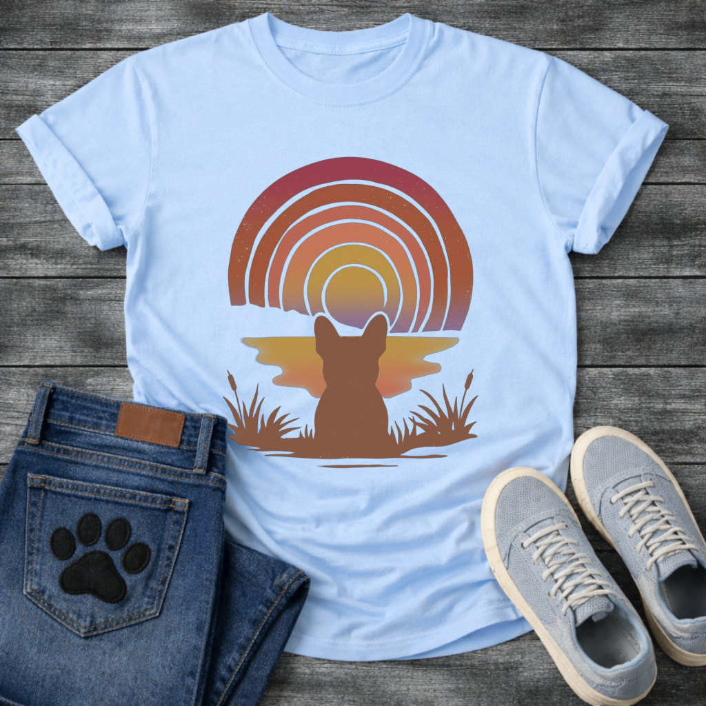 French Bulldog retro sunset rainbow silhouette graphic dog shirt unisex tee