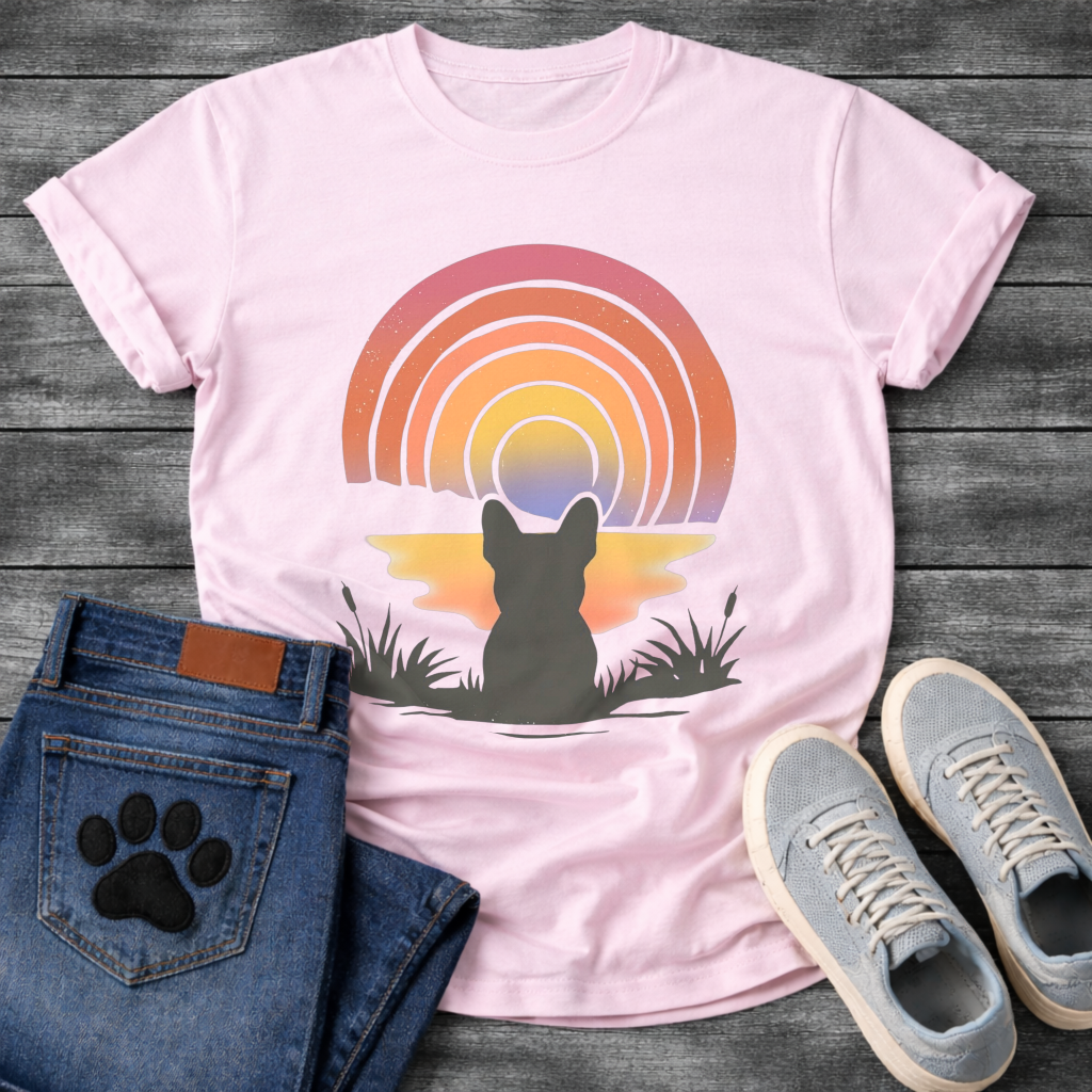 French Bulldog retro sunset rainbow silhouette graphic dog shirt unisex tee
