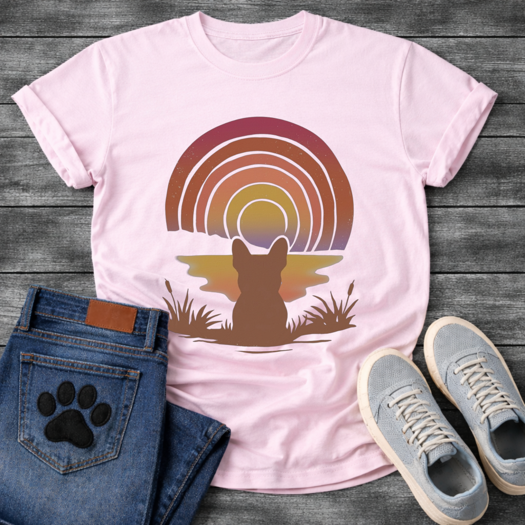 French Bulldog retro sunset rainbow silhouette graphic dog shirt unisex tee