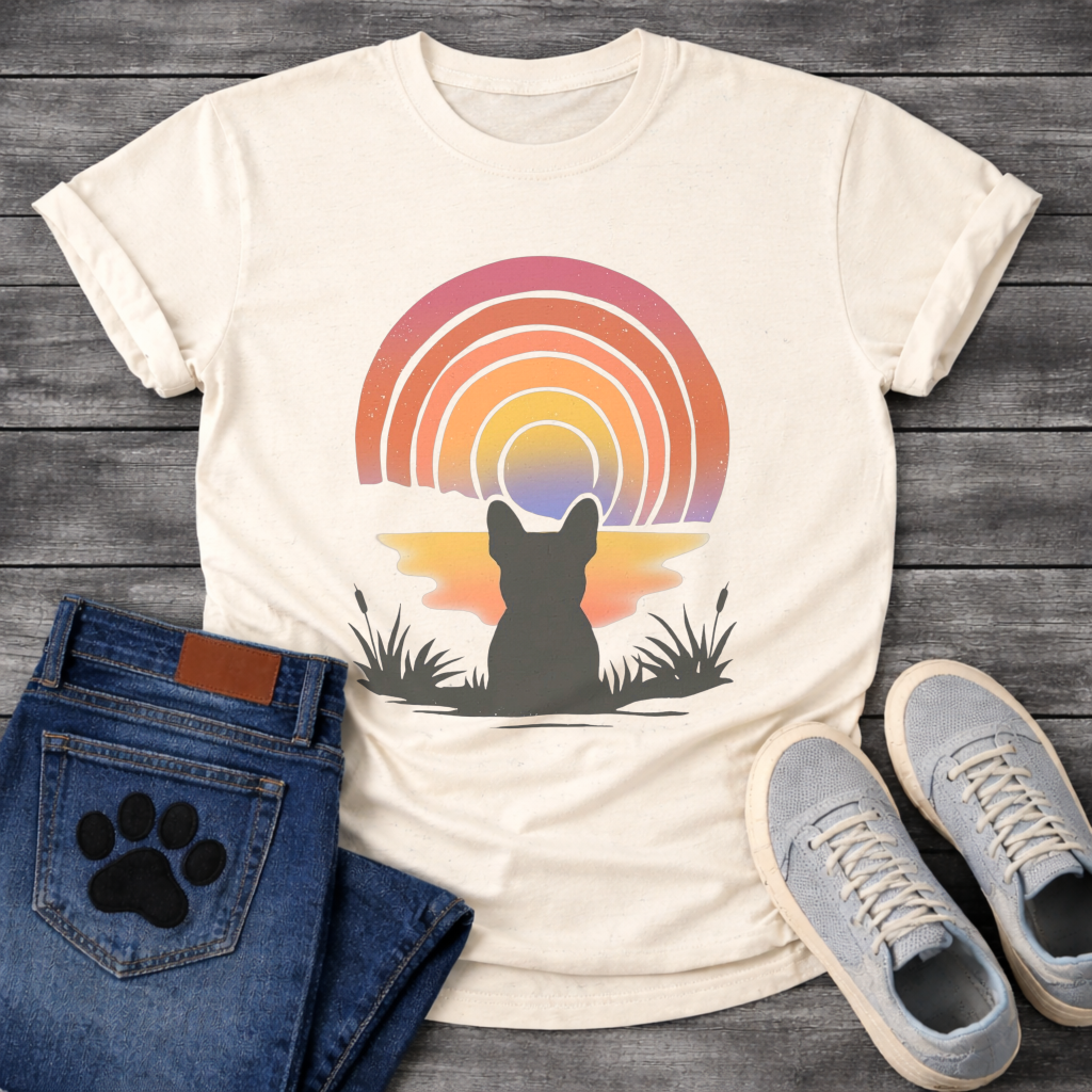 French Bulldog retro sunset rainbow silhouette graphic dog shirt unisex tee
