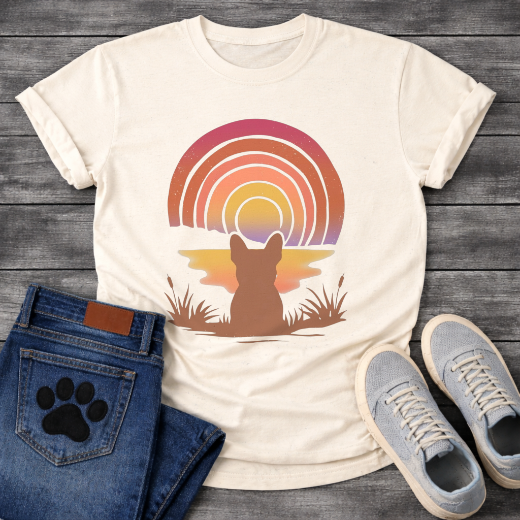 French Bulldog retro sunset rainbow silhouette graphic dog shirt unisex tee