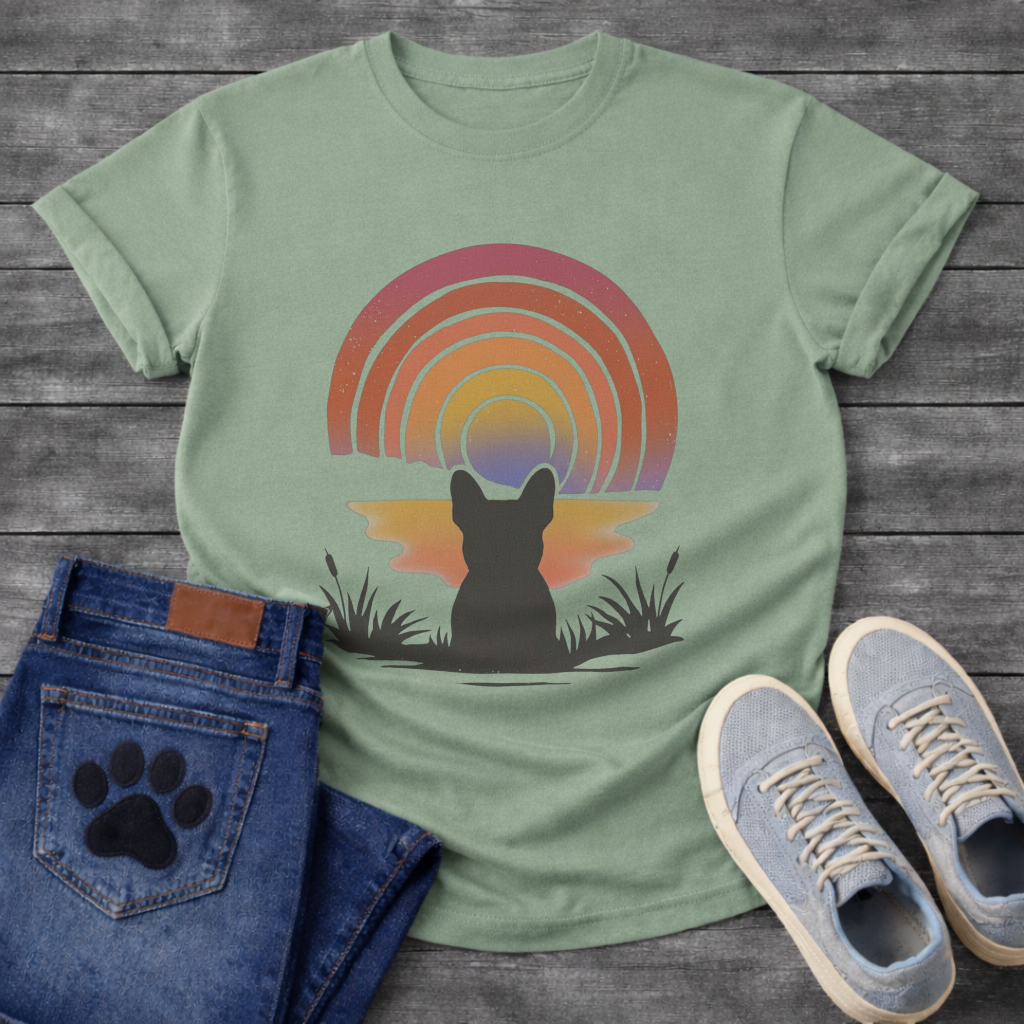 French Bulldog retro sunset rainbow silhouette graphic dog shirt unisex tee
