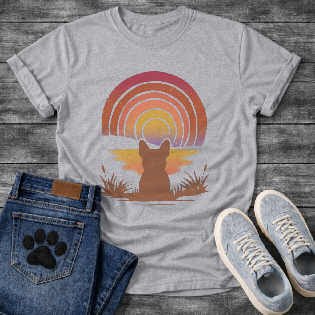 French Bulldog retro sunset rainbow silhouette graphic dog shirt unisex tee