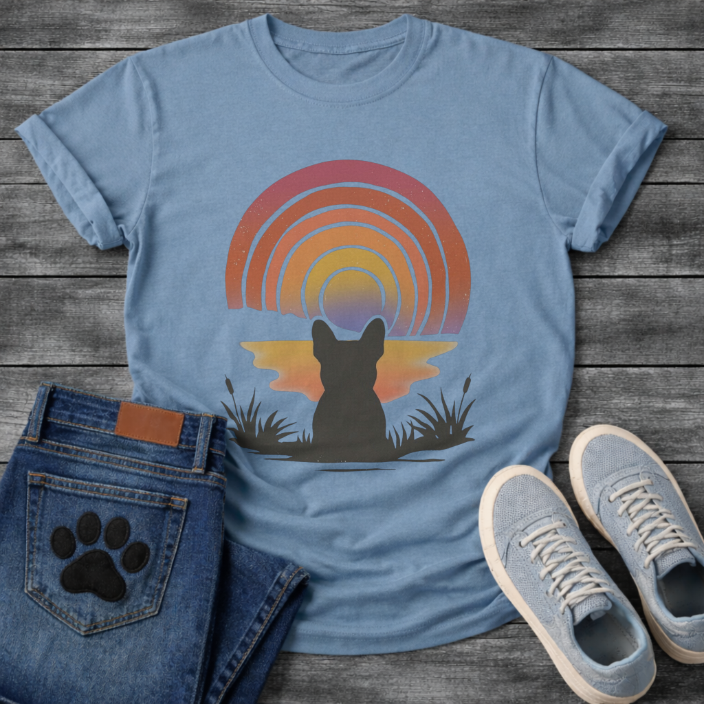 French Bulldog retro sunset rainbow silhouette graphic dog shirt unisex tee
