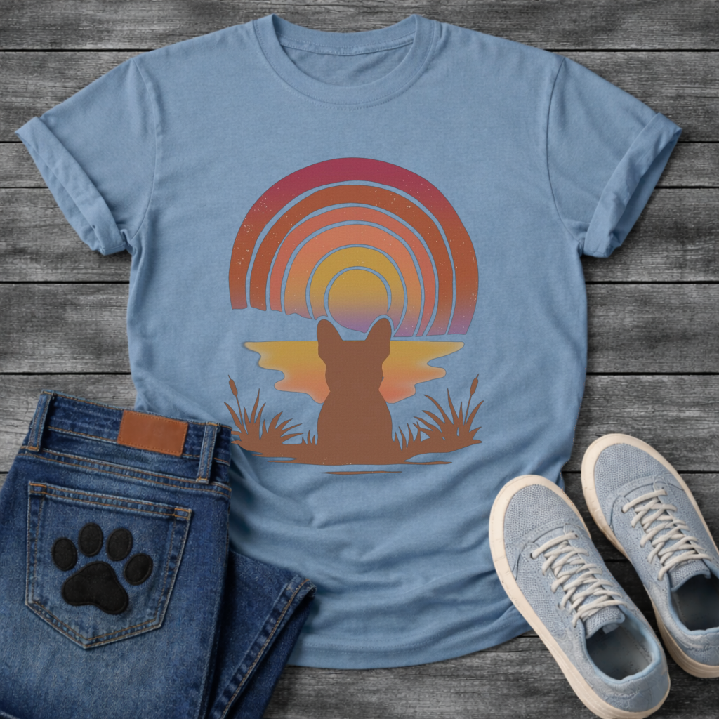 French Bulldog retro sunset rainbow silhouette graphic dog shirt unisex tee