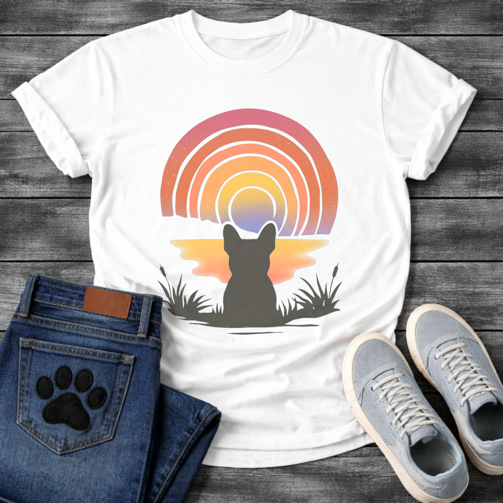 French Bulldog retro sunset rainbow silhouette graphic dog shirt unisex tee
