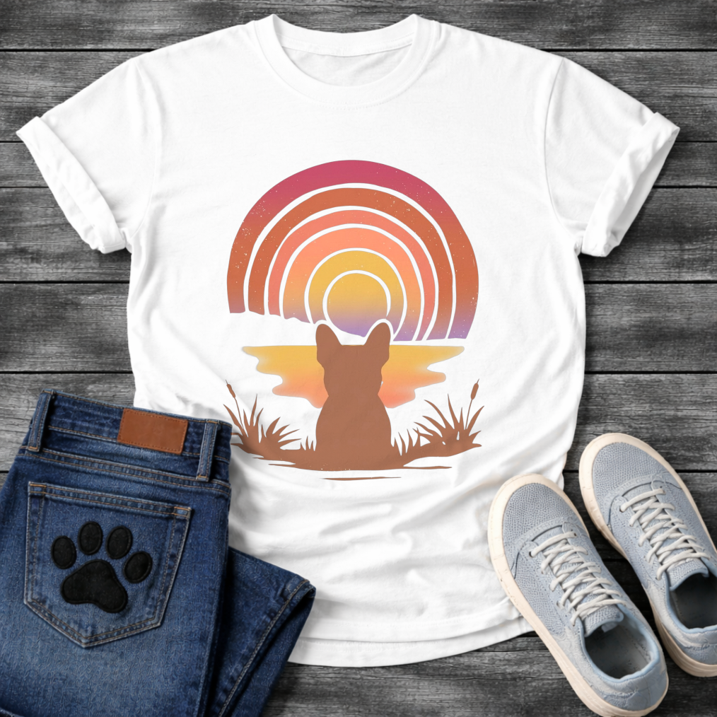 French Bulldog retro sunset rainbow silhouette graphic dog shirt unisex tee