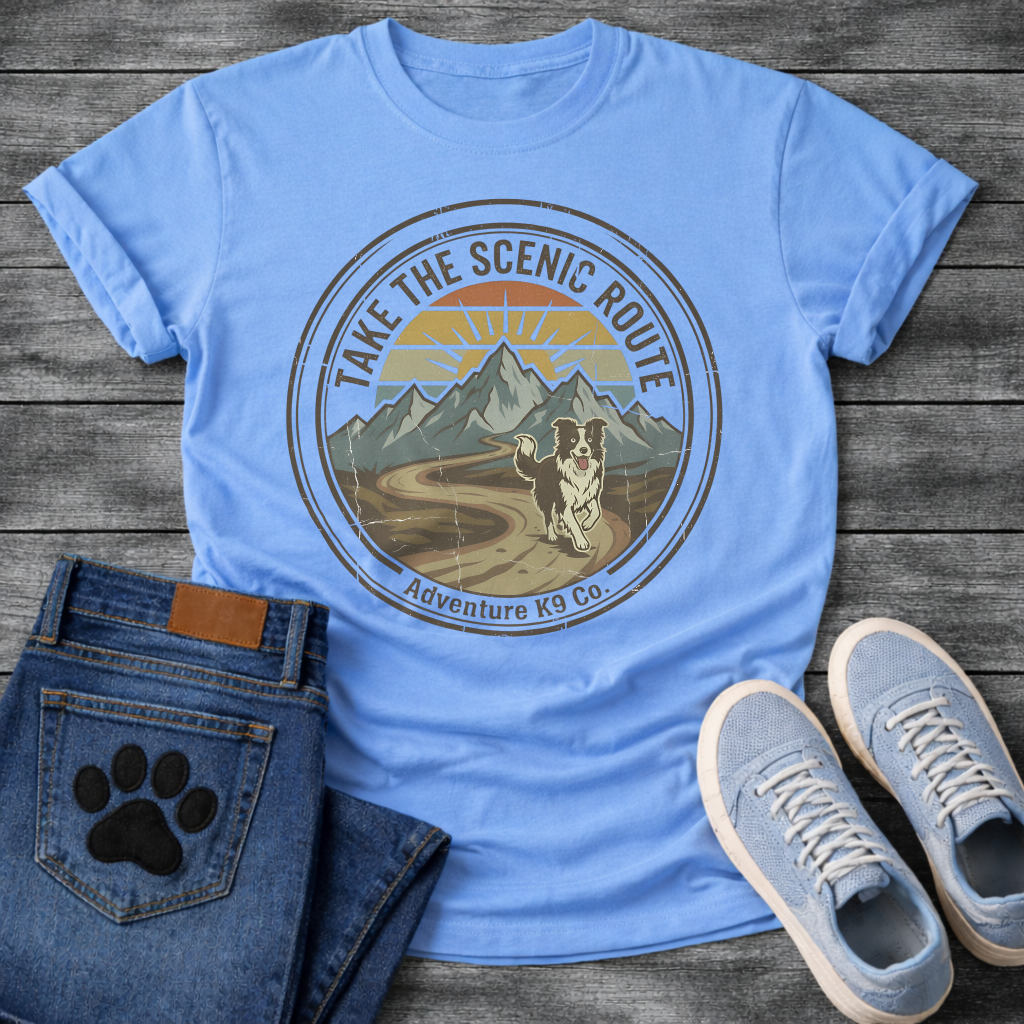 Funny take the scenic route dog shirt for outdoor loving pet parents
