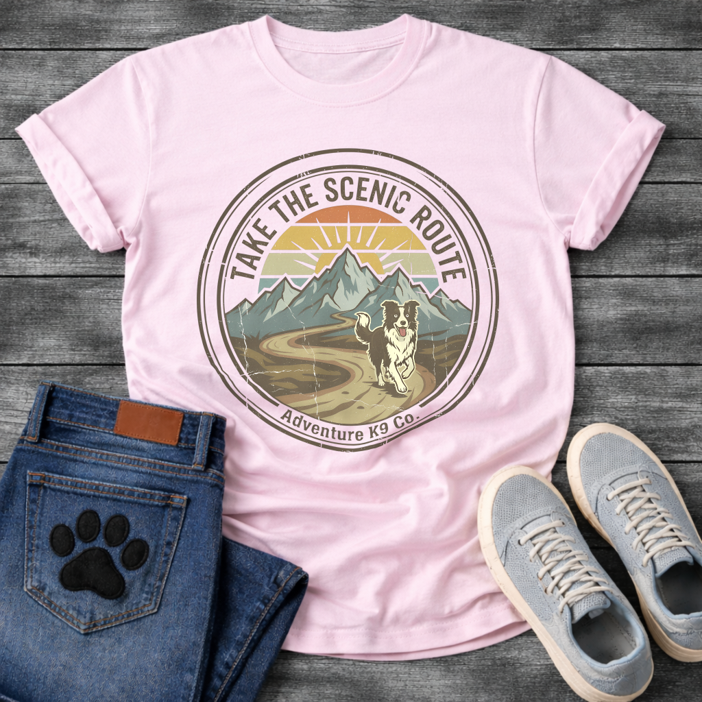 Funny take the scenic route dog shirt for outdoor loving pet parents
