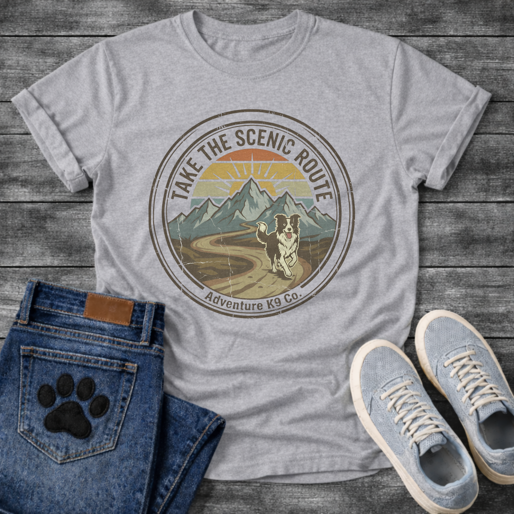 Funny take the scenic route dog shirt for outdoor loving pet parents
