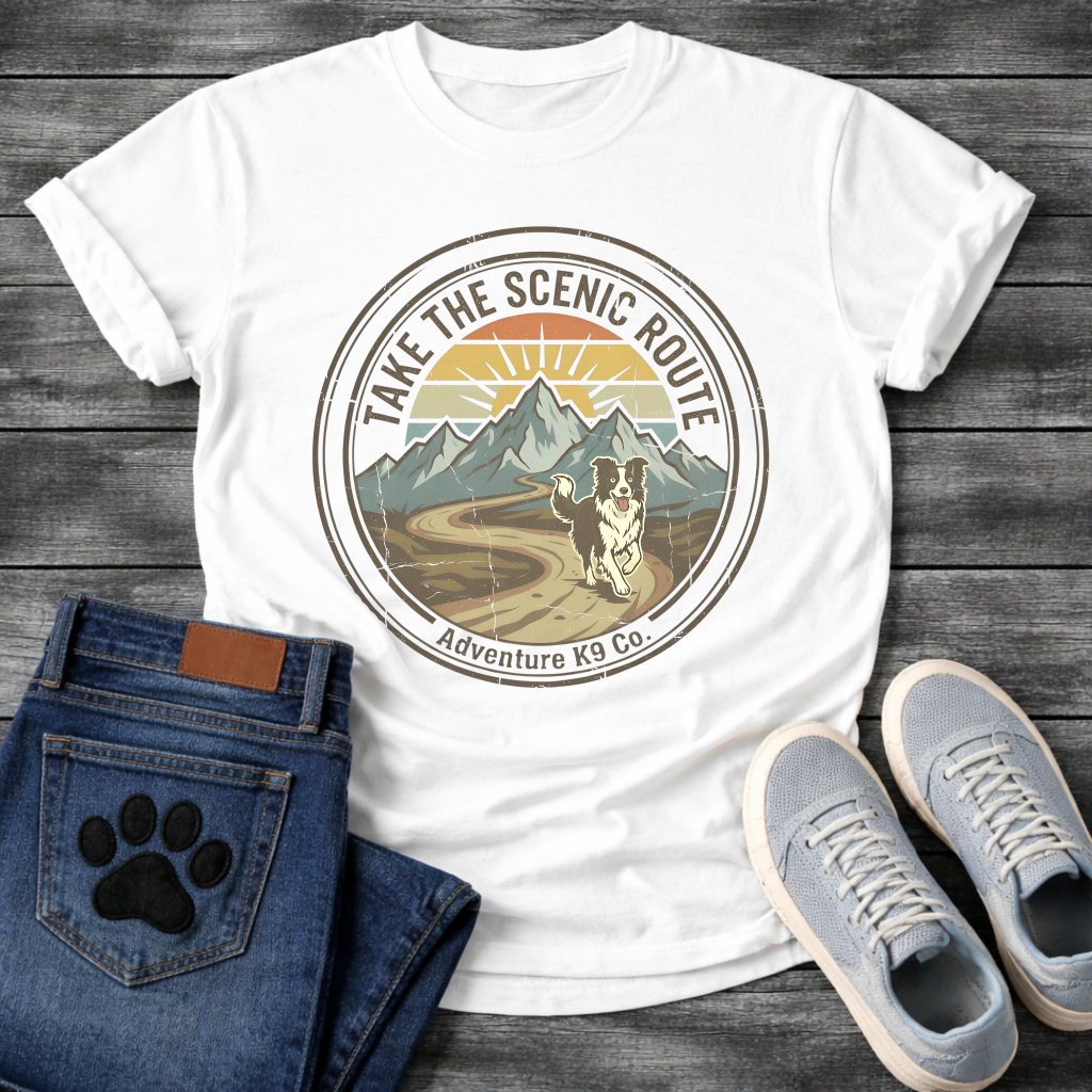 Funny take the scenic route dog shirt for outdoor loving pet parents
