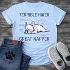 French Bulldog sleeping technical diagram graphic tee with Terrible Hiker Great Napper anatomy labels
