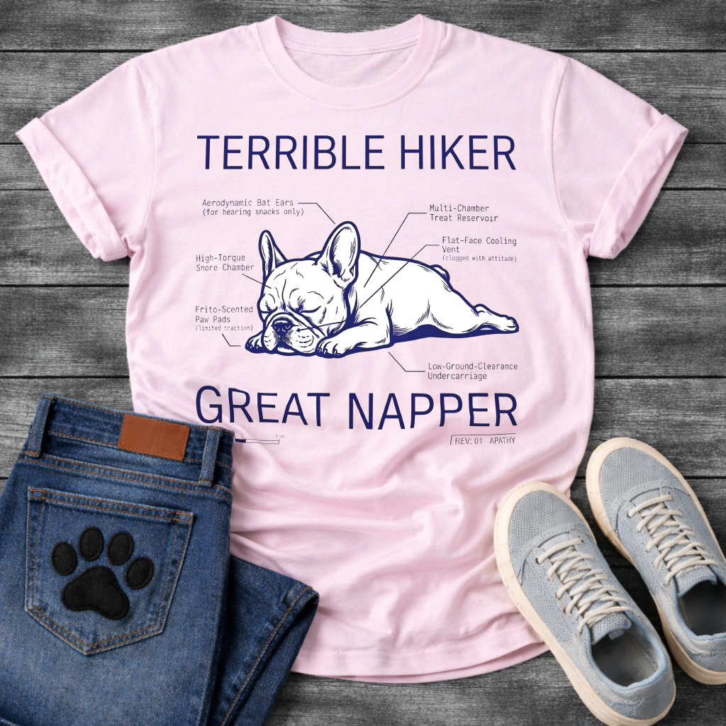 French Bulldog sleeping technical diagram graphic tee with Terrible Hiker Great Napper anatomy labels
