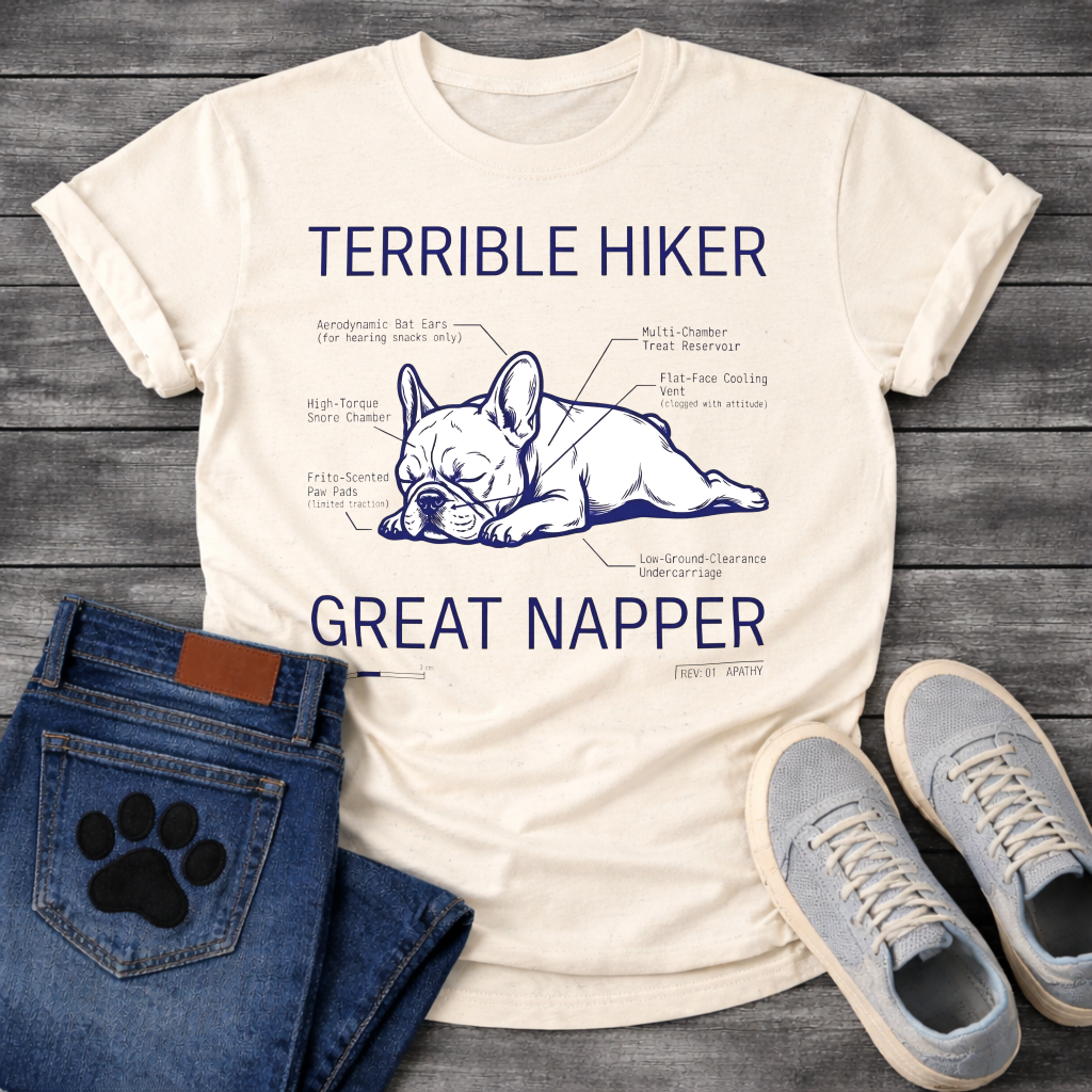 French Bulldog sleeping technical diagram graphic tee with Terrible Hiker Great Napper anatomy labels
