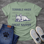 French Bulldog sleeping technical diagram graphic tee with Terrible Hiker Great Napper anatomy labels
