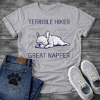 French Bulldog sleeping technical diagram graphic tee with Terrible Hiker Great Napper anatomy labels
