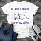 French Bulldog sleeping technical diagram graphic tee with Terrible Hiker Great Napper anatomy labels
