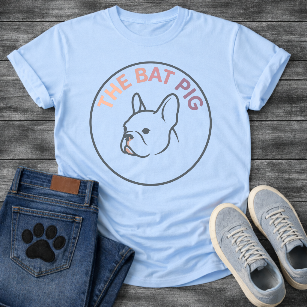 French Bulldog t-shirt with clean circular badge design, minimal line art Frenchie side profile portrait centered, arched gradient text reading The Bat Pig in blush to purple tones, slate blue circle border, no background
