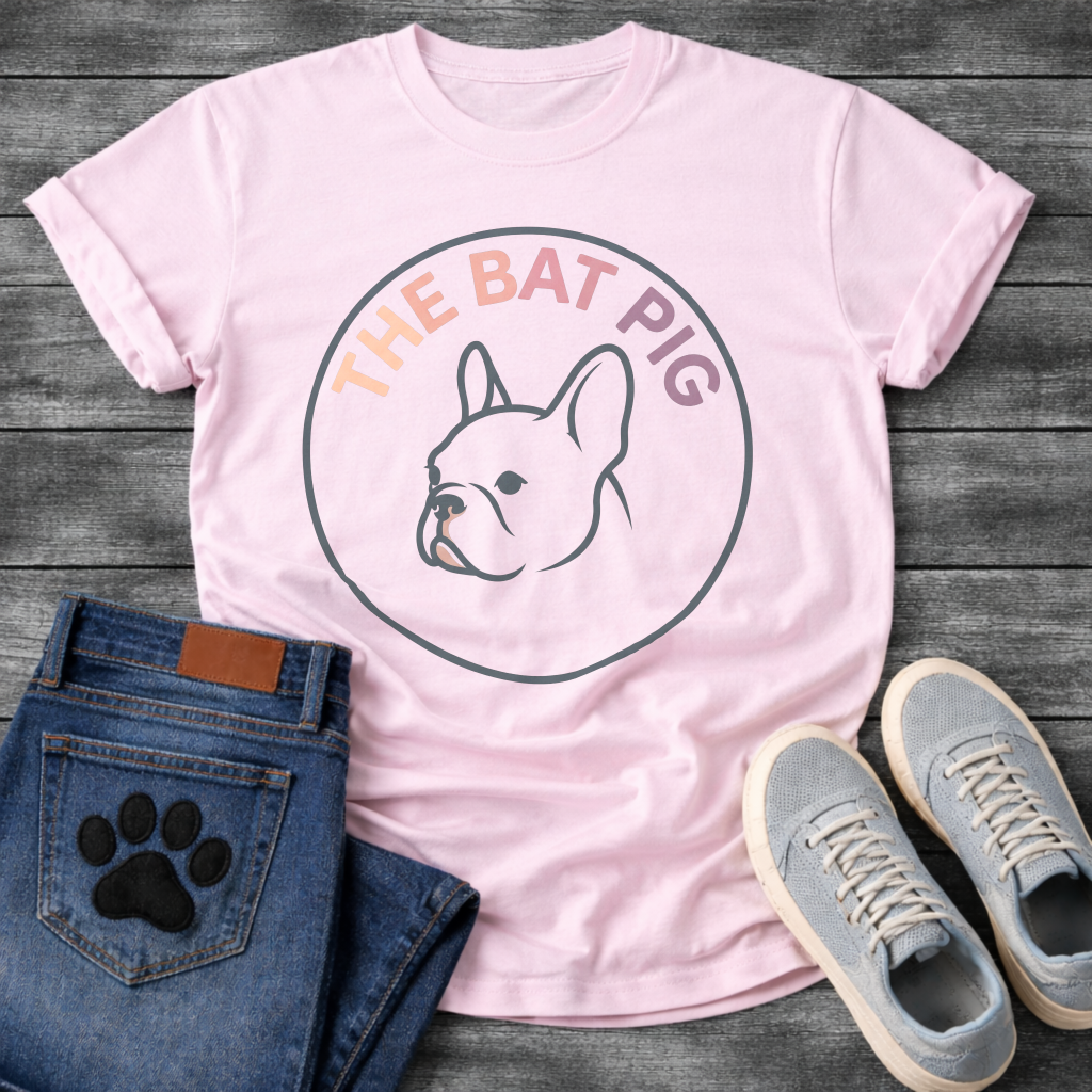 French Bulldog t-shirt with clean circular badge design, minimal line art Frenchie side profile portrait centered, arched gradient text reading The Bat Pig in blush to purple tones, slate blue circle border, no background
