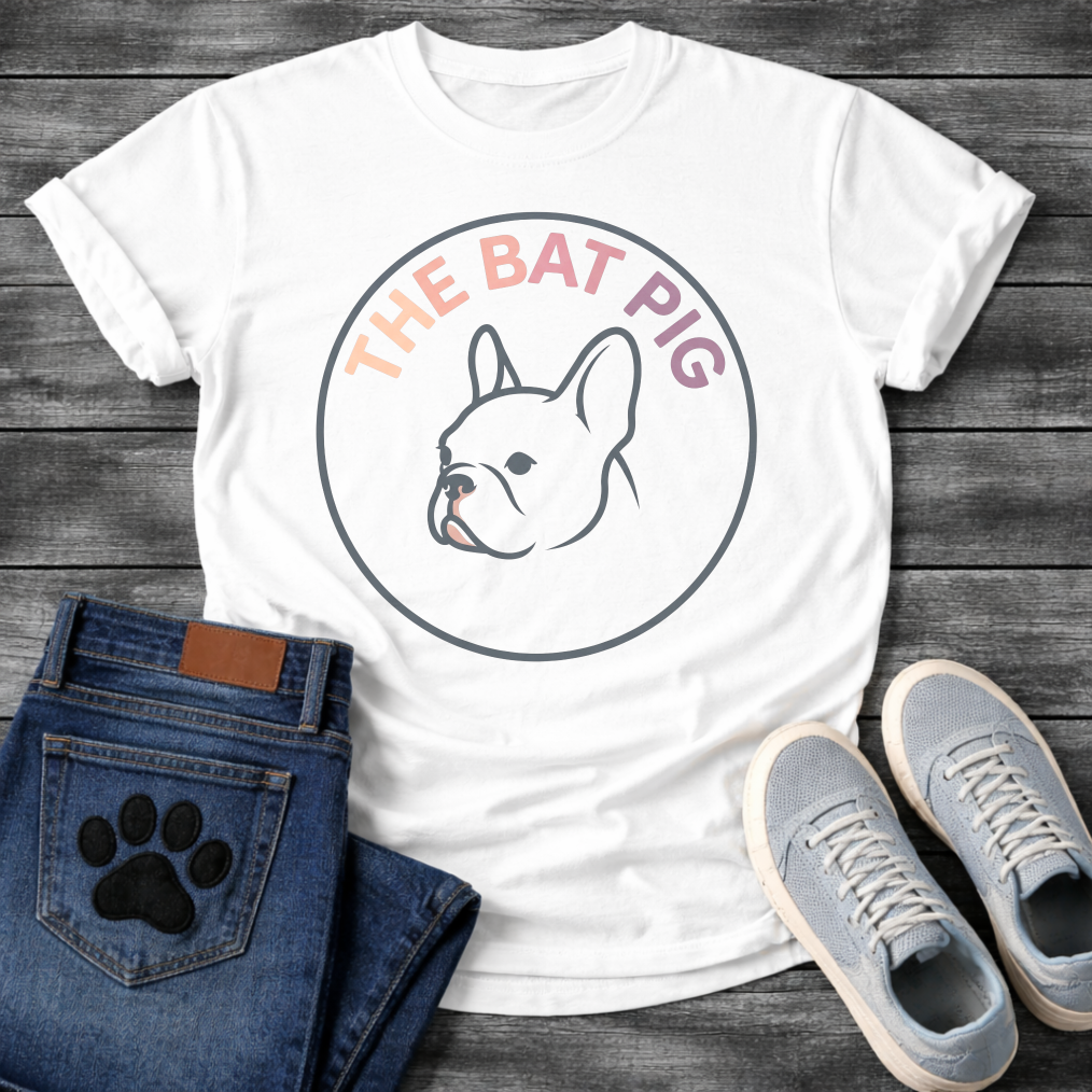 French Bulldog t-shirt with clean circular badge design, minimal line art Frenchie side profile portrait centered, arched gradient text reading The Bat Pig in blush to purple tones, slate blue circle border, no background
