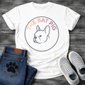 French Bulldog t-shirt with clean circular badge design, minimal line art Frenchie side profile portrait centered, arched gradient text reading The Bat Pig in blush to purple tones, slate blue circle border, no background
