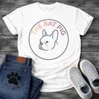 French Bulldog t-shirt with clean circular badge design, minimal line art Frenchie side profile portrait centered, arched gradient text reading The Bat Pig in blush to purple tones, slate blue circle border, no background
