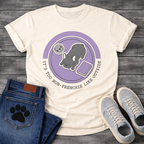 Blue French Bulldog sleeping top-down view with food bowl and book It's Too Non-Frenchie Like Outside badge graphic tee


