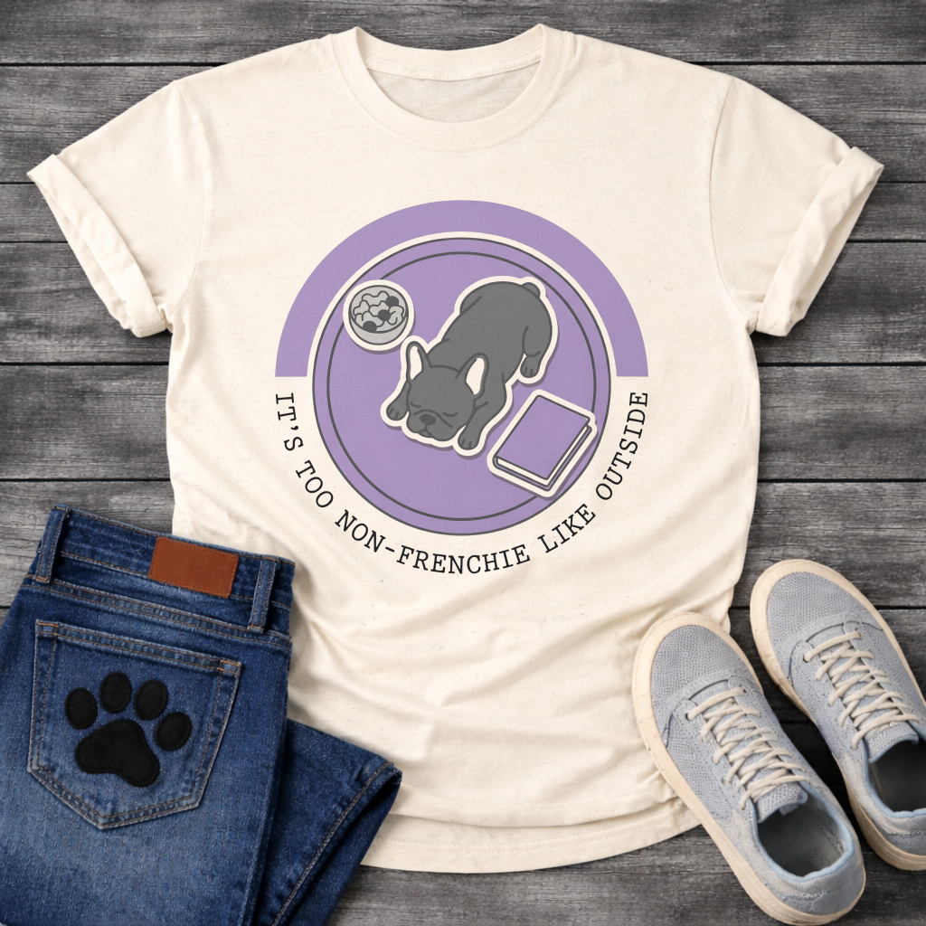 Blue French Bulldog sleeping top-down view with food bowl and book It's Too Non-Frenchie Like Outside badge graphic tee

