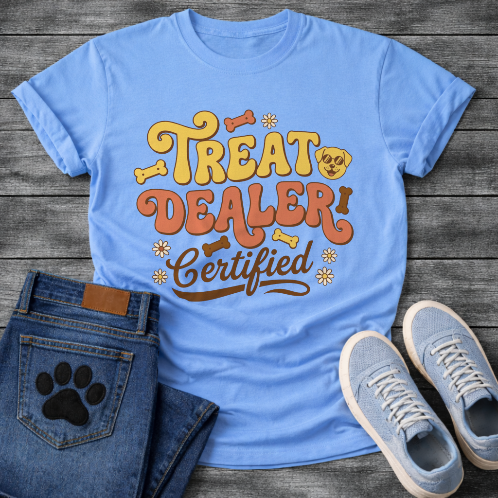 Treat dealer certified retro shirt with groovy lettering for dog parents