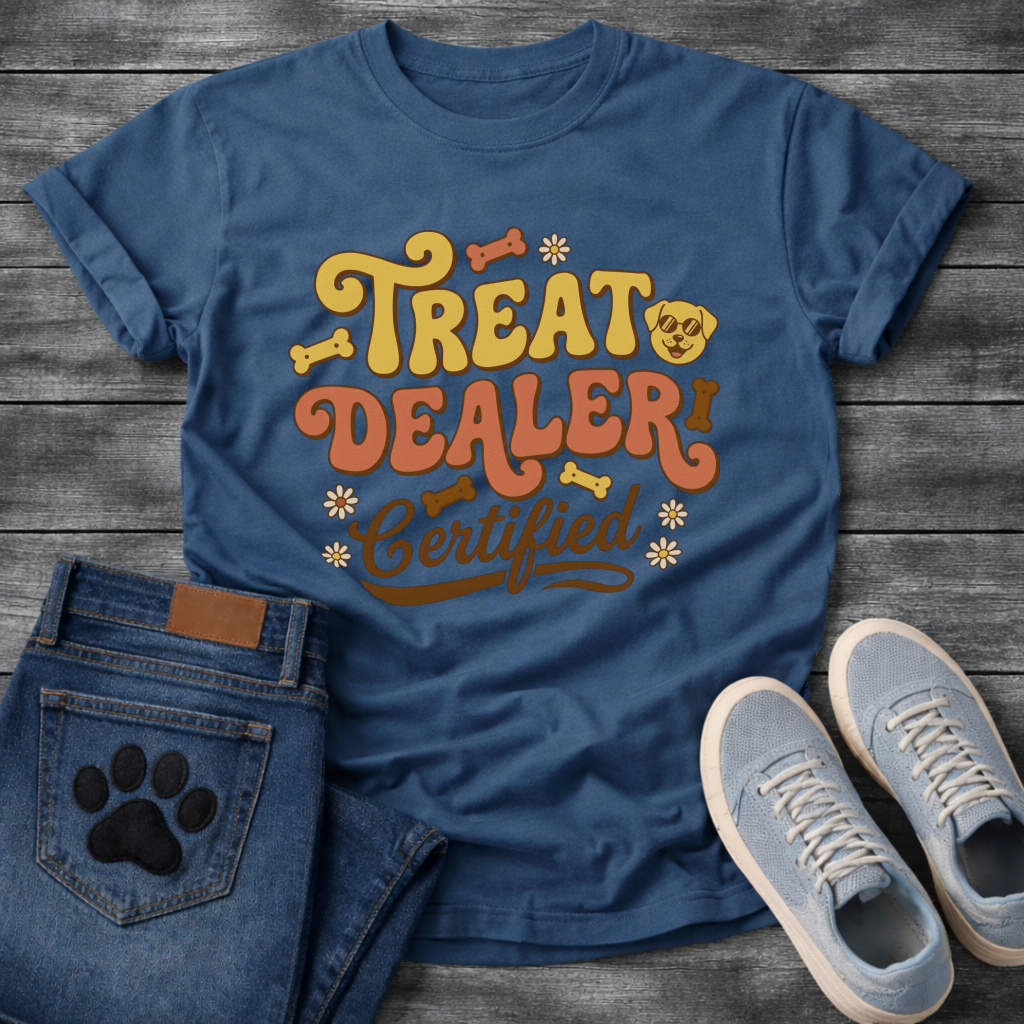 Treat dealer certified retro shirt with groovy lettering for dog parents