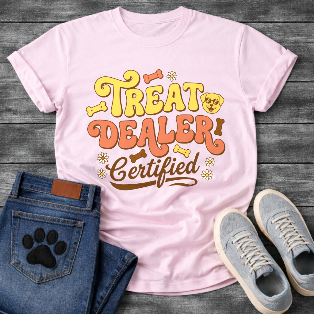 Treat dealer certified retro shirt with groovy lettering for dog parents