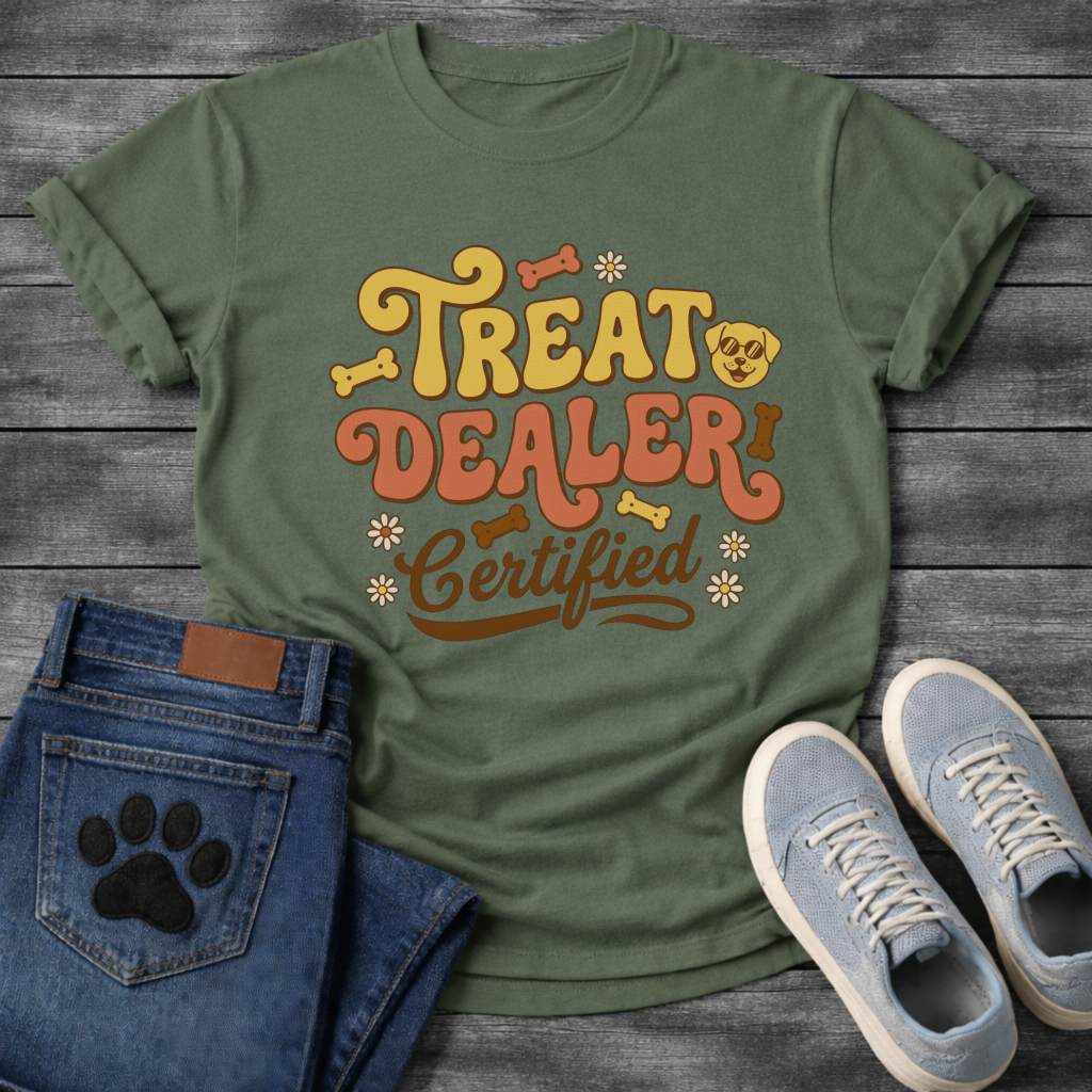 Treat dealer certified retro shirt with groovy lettering for dog parents