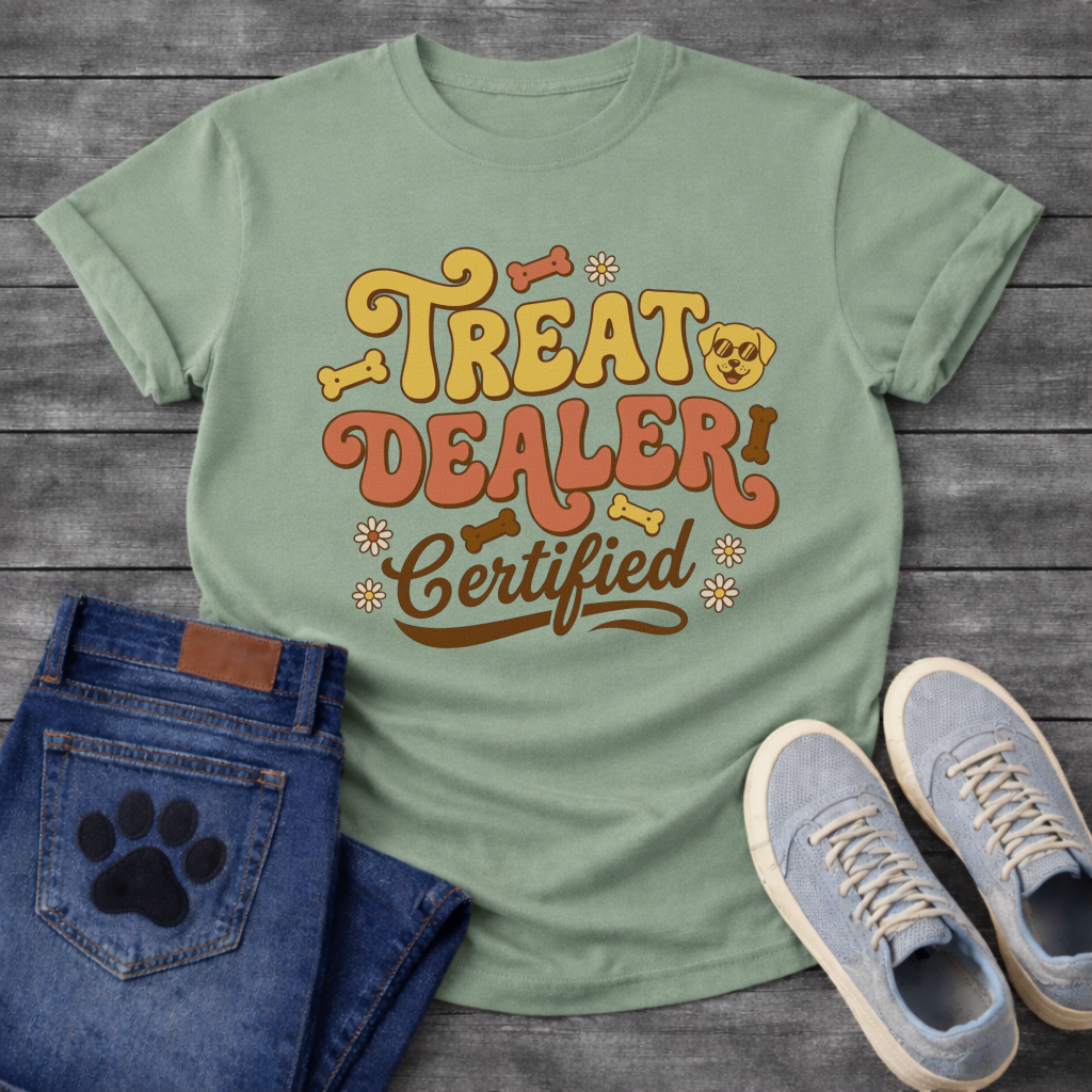 Treat dealer certified retro shirt with groovy lettering for dog parents