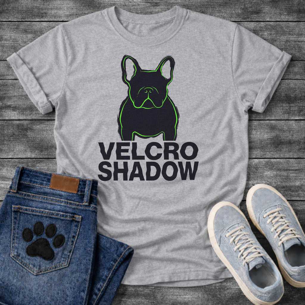 French Bulldog t-shirt with dark filled Frenchie portrait traced in neon green outline, bold oversized black text reading Velcro Shadow below, two-color black and neon green streetwear graphic