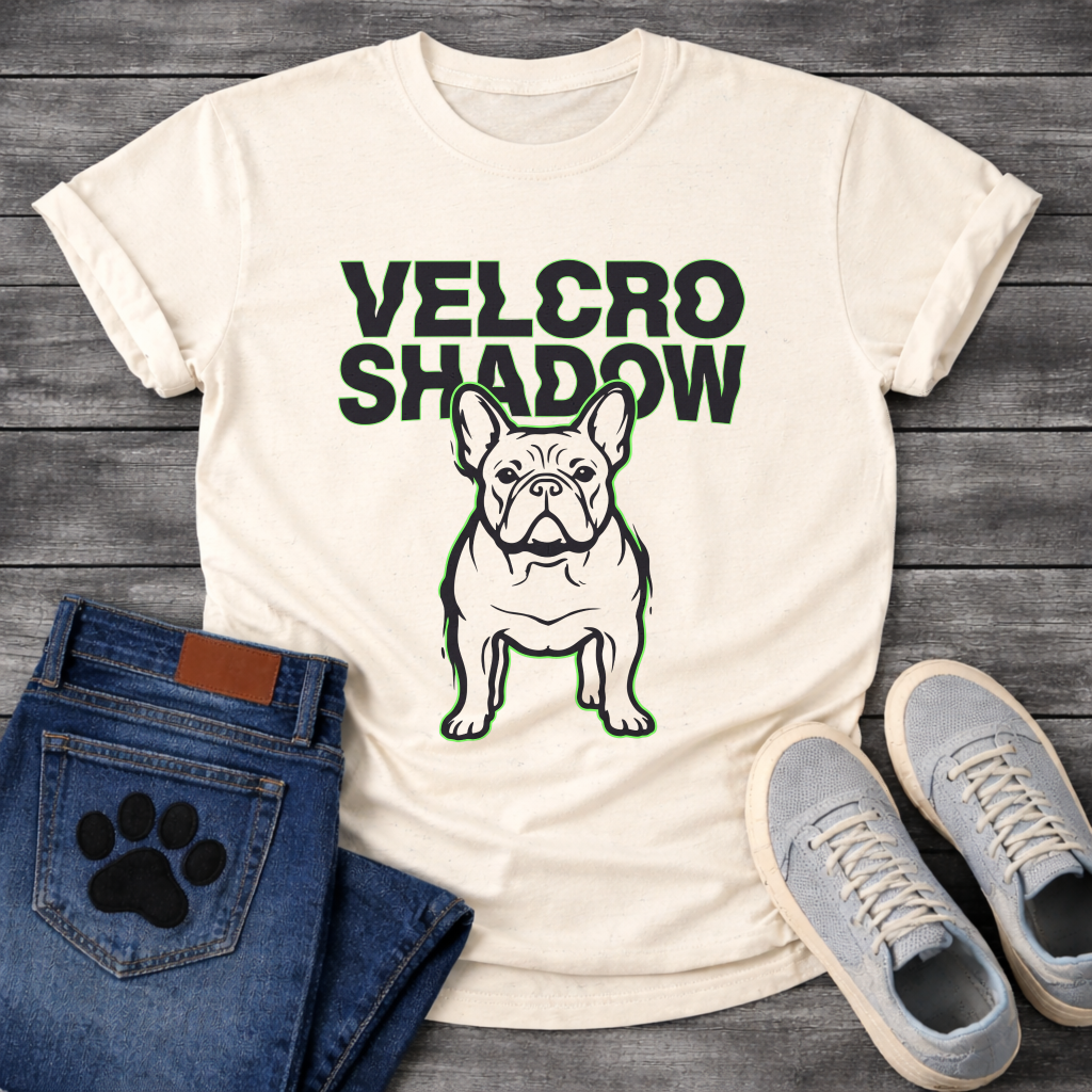 French Bulldog t-shirt with oversized bold black text reading Velcro Shadow above a detailed Frenchie portrait with neon green outline, black and green two-color streetwear graphic