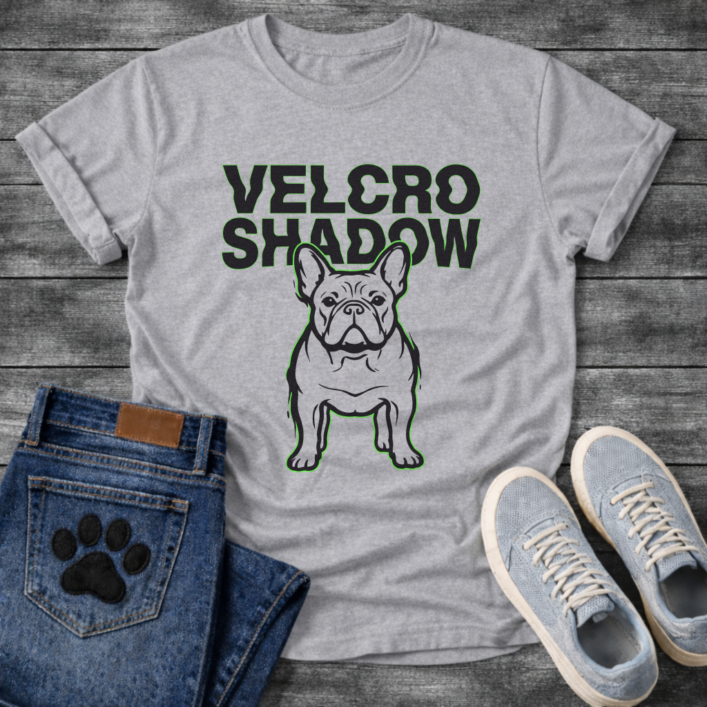 French Bulldog t-shirt with oversized bold black text reading Velcro Shadow above a detailed Frenchie portrait with neon green outline, black and green two-color streetwear graphic