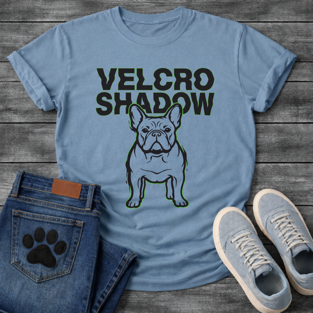 French Bulldog t-shirt with oversized bold black text reading Velcro Shadow above a detailed Frenchie portrait with neon green outline, black and green two-color streetwear graphic