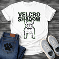 French Bulldog t-shirt with oversized bold black text reading Velcro Shadow above a detailed Frenchie portrait with neon green outline, black and green two-color streetwear graphic