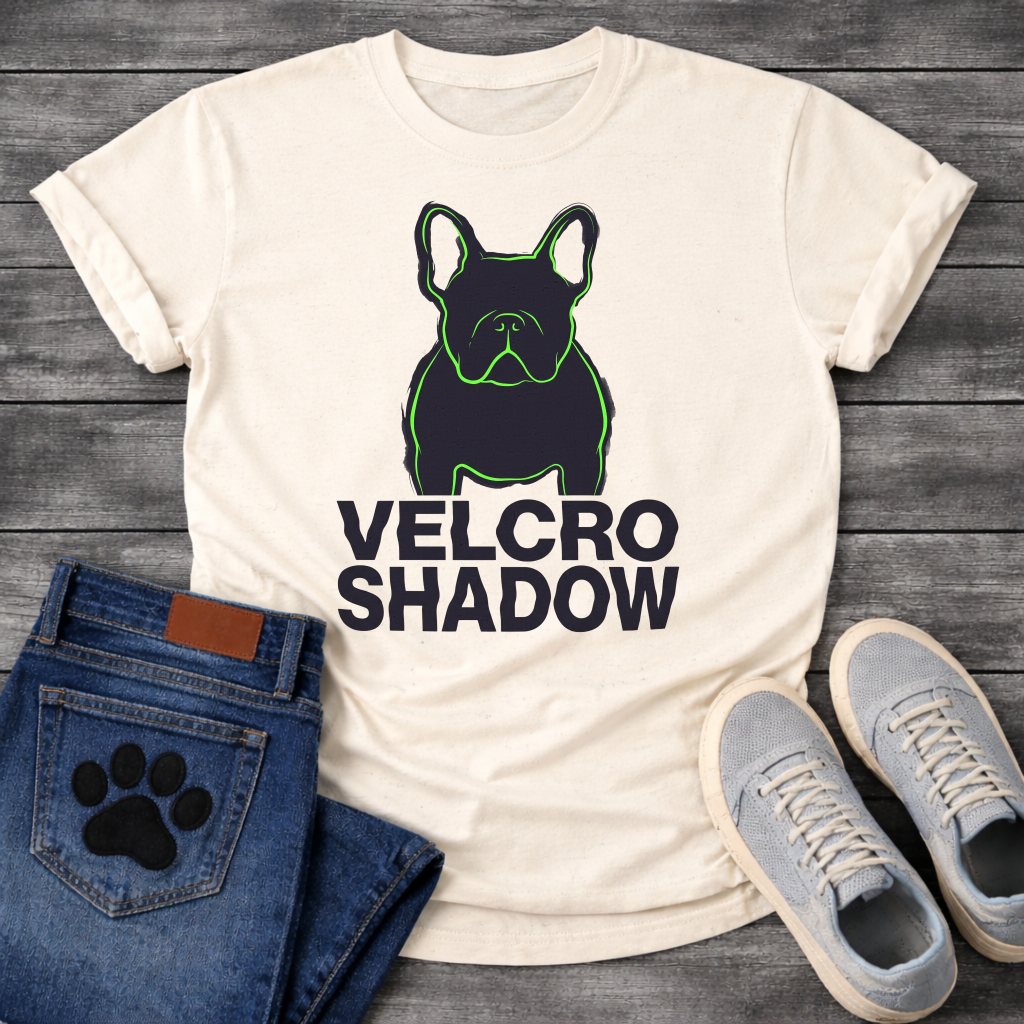 French Bulldog t-shirt with dark filled Frenchie portrait traced in neon green outline, bold oversized black text reading Velcro Shadow below, two-color black and neon green streetwear graphic