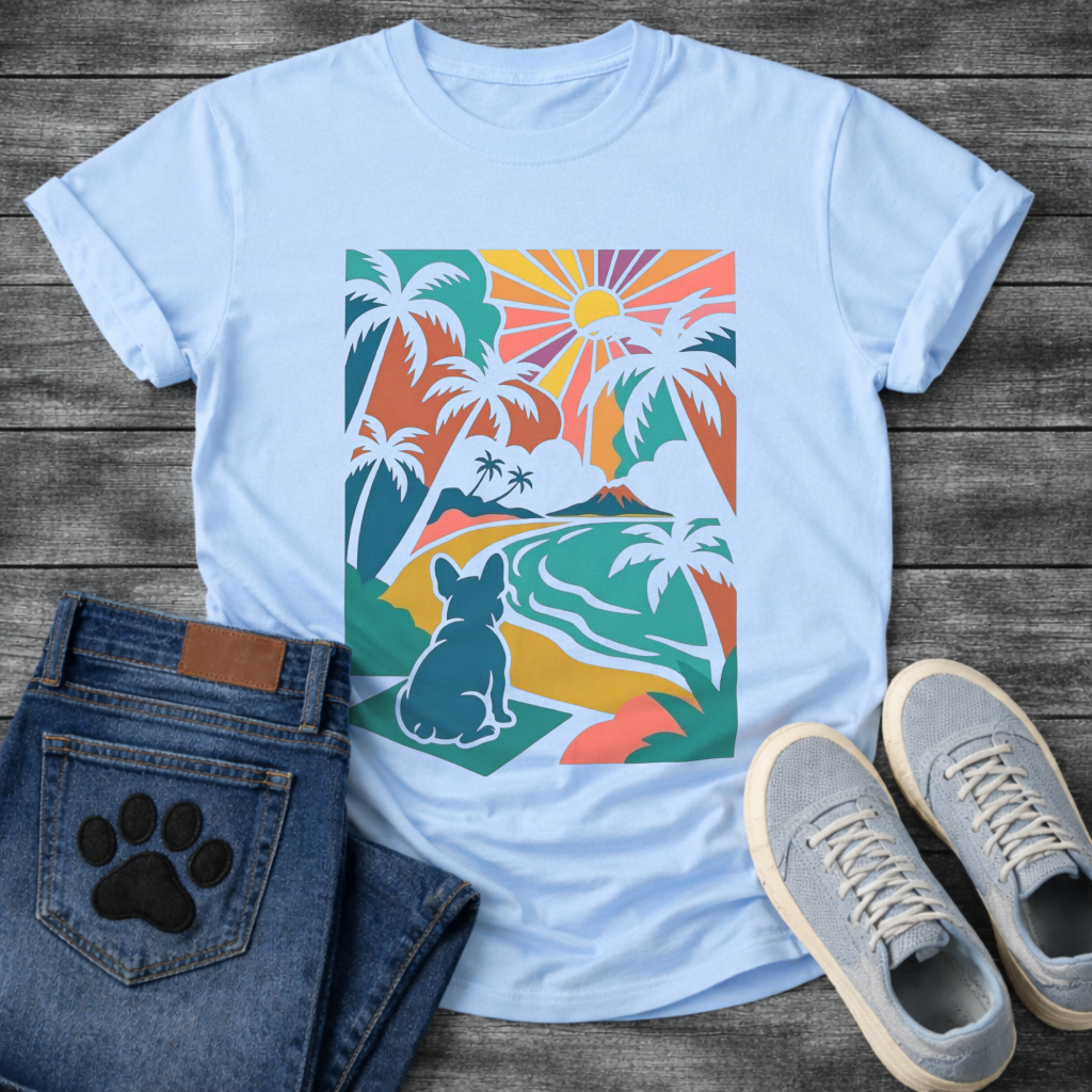 French Bulldog tropical sunset palm tree colorful graphic dog shirt tee
