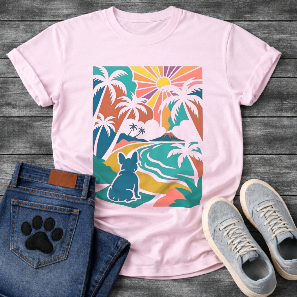 French Bulldog tropical sunset palm tree colorful graphic dog shirt tee

