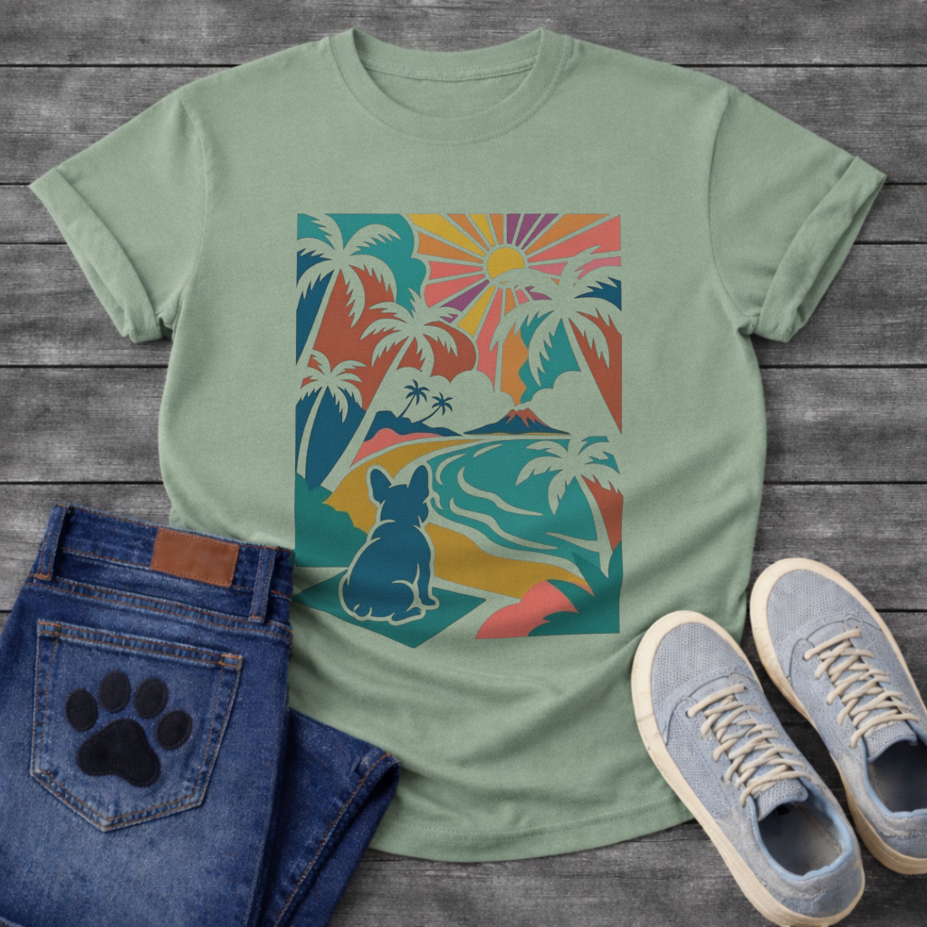 French Bulldog tropical sunset palm tree colorful graphic dog shirt tee
