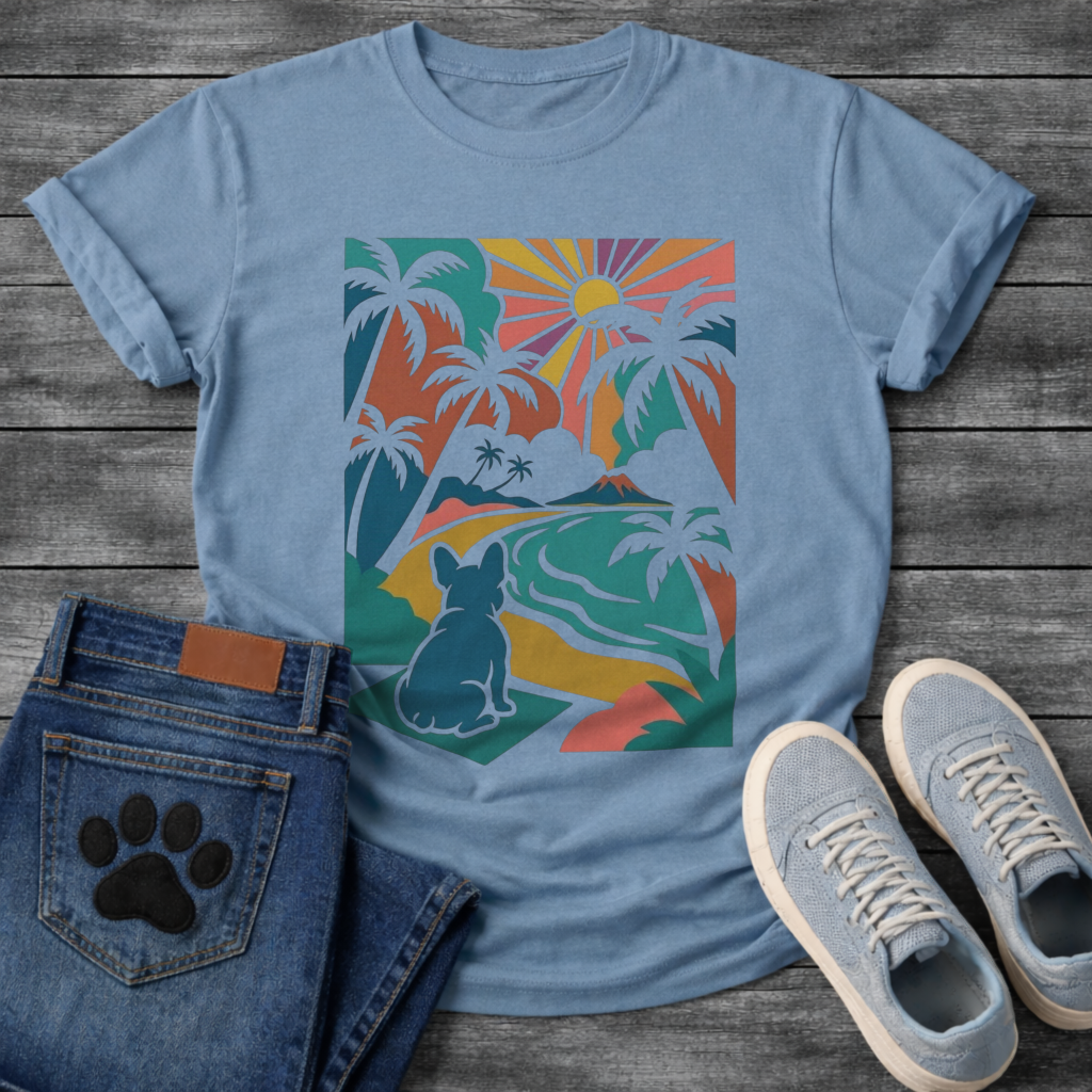 French Bulldog tropical sunset palm tree colorful graphic dog shirt tee
