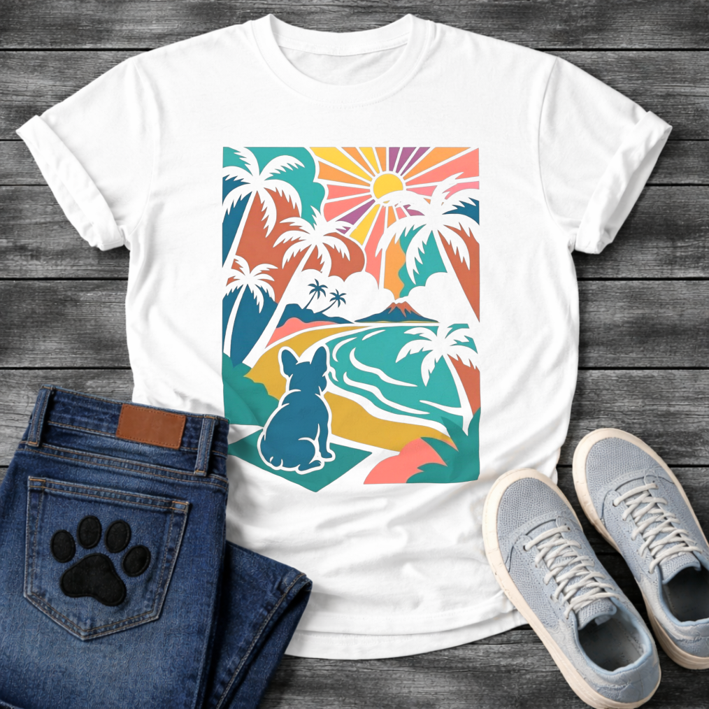 French Bulldog tropical sunset palm tree colorful graphic dog shirt tee
