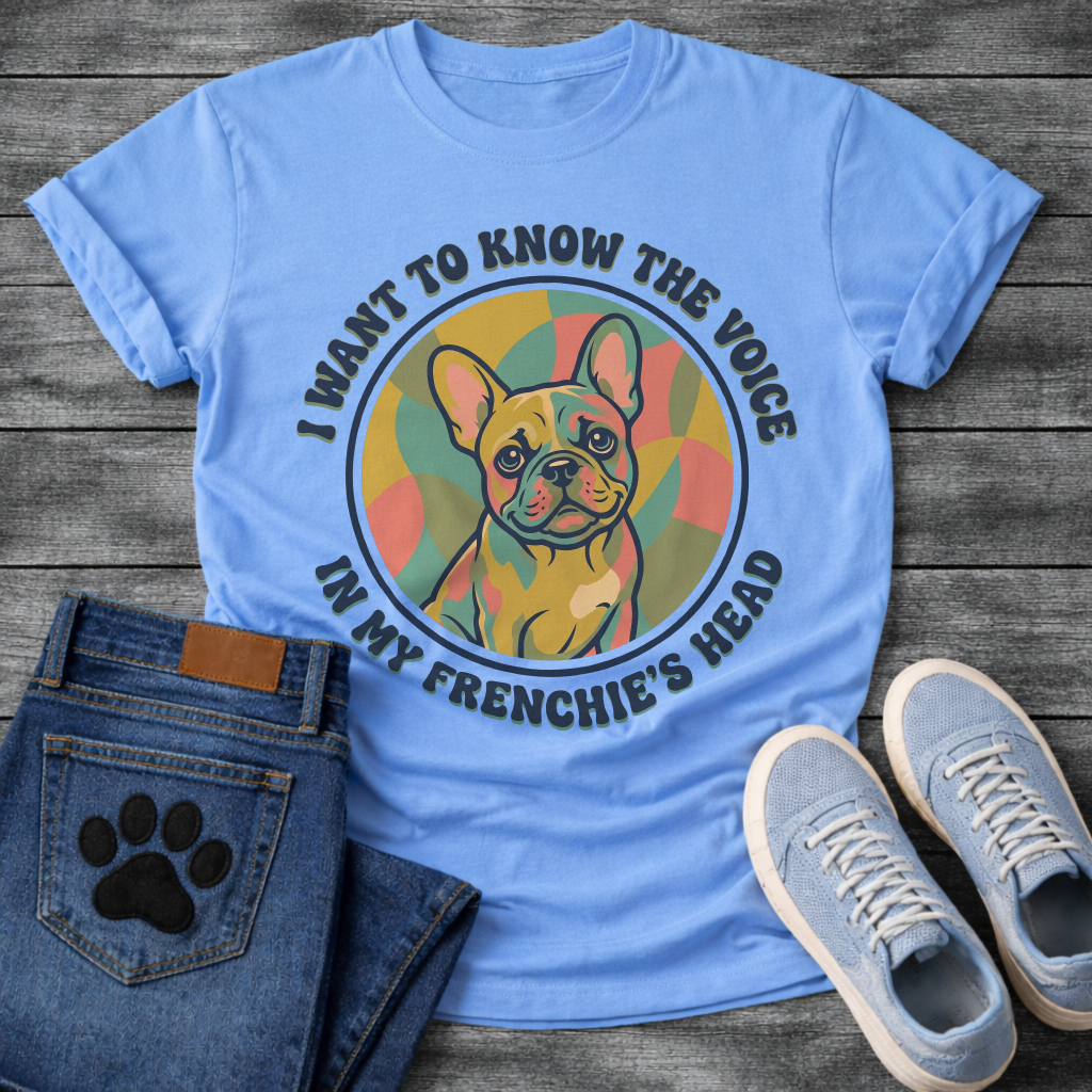 French Bulldog retro swirl badge graphic tee with I Want To Know The Voice In My Frenchie's Head arc typography