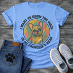 French Bulldog retro swirl badge graphic tee with I Want To Know The Voice In My Frenchie's Head arc typography