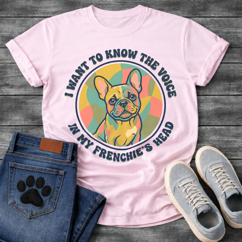 French Bulldog retro swirl badge graphic tee with I Want To Know The Voice In My Frenchie's Head arc typography