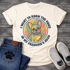 French Bulldog retro swirl badge graphic tee with I Want To Know The Voice In My Frenchie's Head arc typography