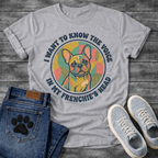 French Bulldog retro swirl badge graphic tee with I Want To Know The Voice In My Frenchie's Head arc typography