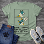 French Bulldog comic strip graphic tee with thought bubble and I Want To Know The Voice In My Frenchie's Head typography